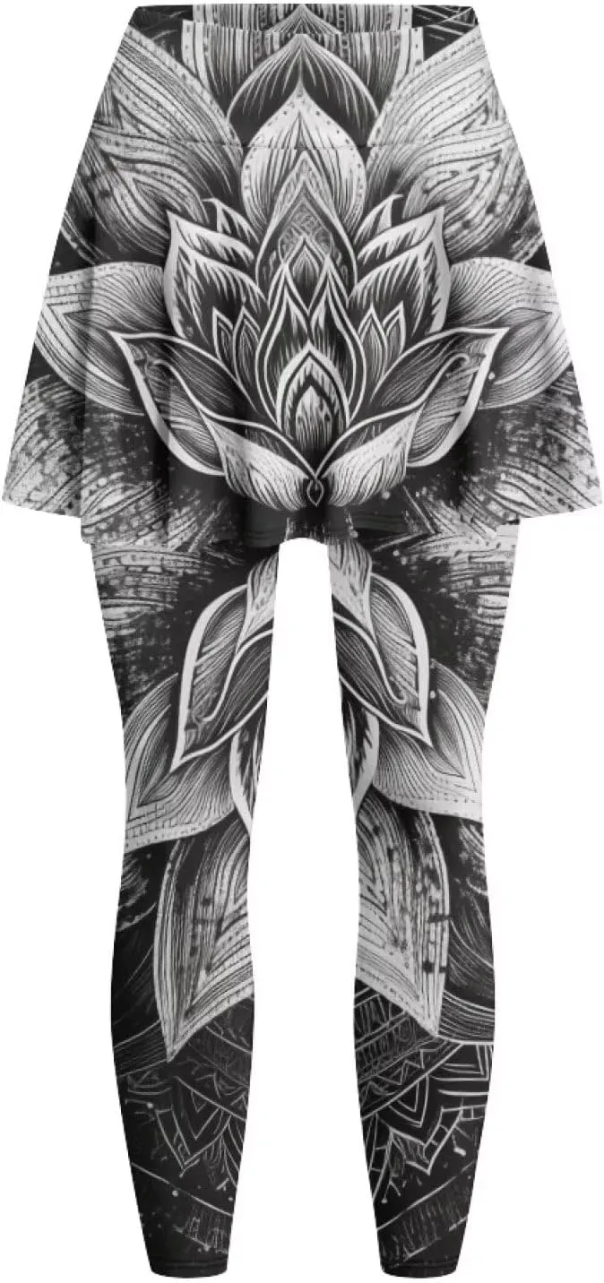 Hand Drawings Womens Skirt Leggings Lotus Flower Skirts Pants Running Tiger Painting Slim Trousers with Skirt