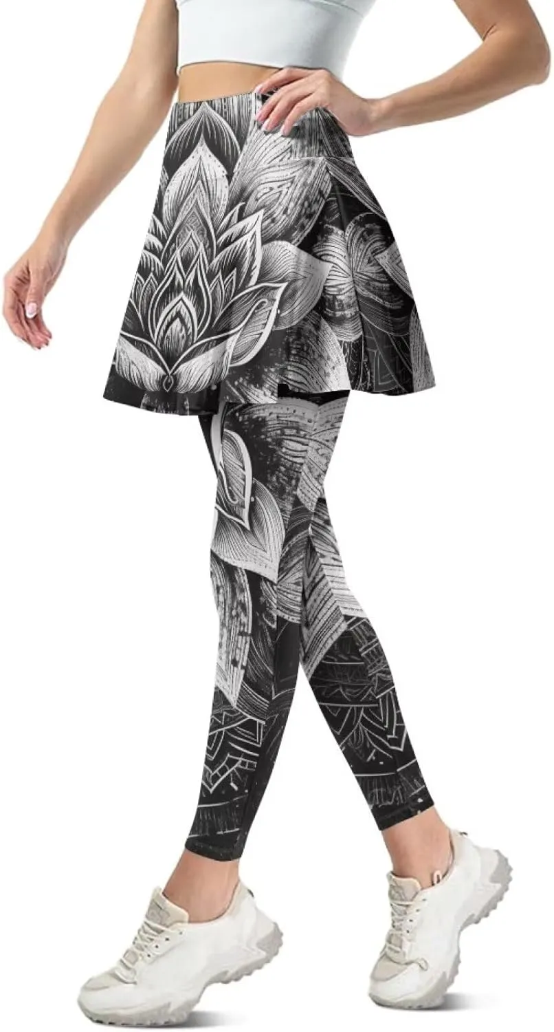 Hand Drawings Womens Skirt Leggings Lotus Flower Skirts Pants Running Tiger Painting Slim Trousers with Skirt