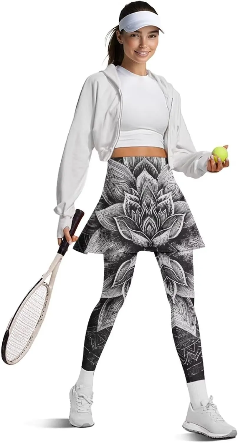Hand Drawings Womens Skirt Leggings Lotus Flower Skirts Pants Running Tiger Painting Slim Trousers with Skirt