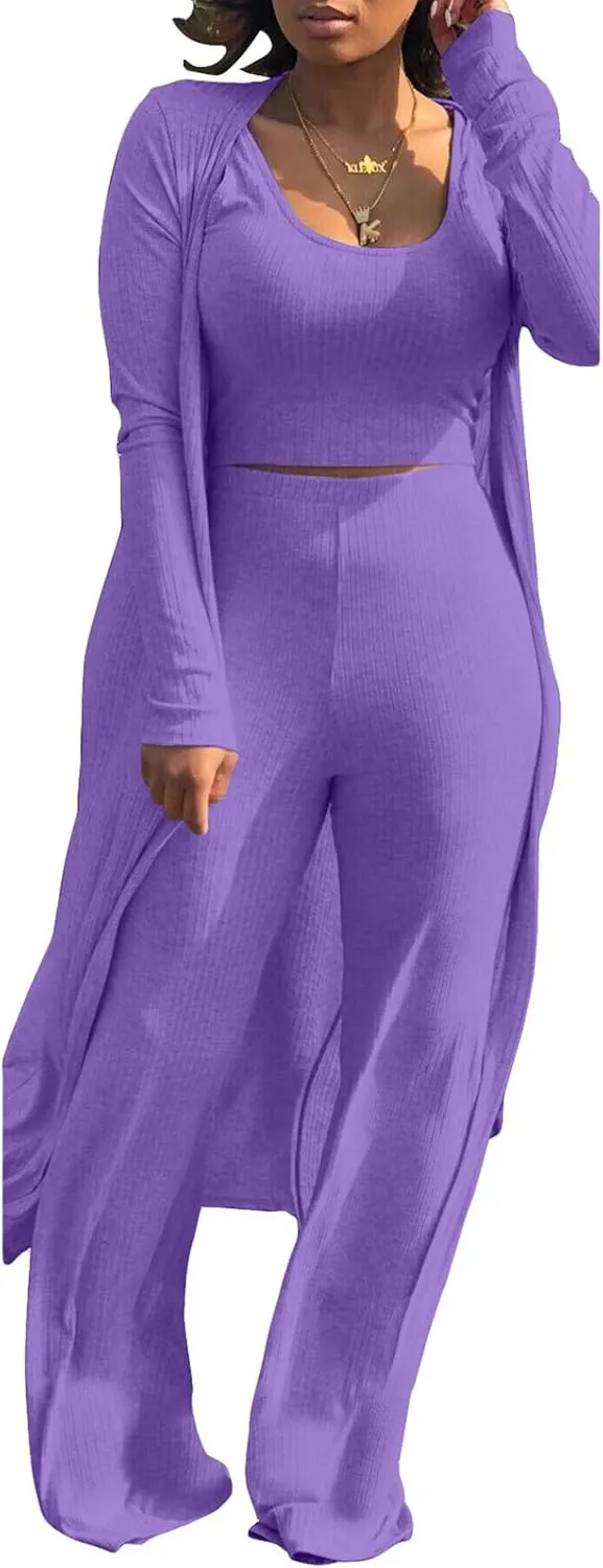 HANMAX Women's Tracksuit Winter Autumn Knitted Long-sleeved Blazer Coat Tank Long Pants Three Piece Sets Outfit