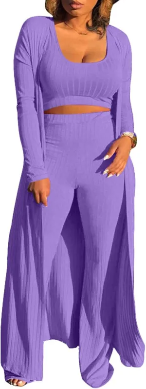 HANMAX Women's Tracksuit Winter Autumn Knitted Long-sleeved Blazer Coat Tank Long Pants Three Piece Sets Outfit