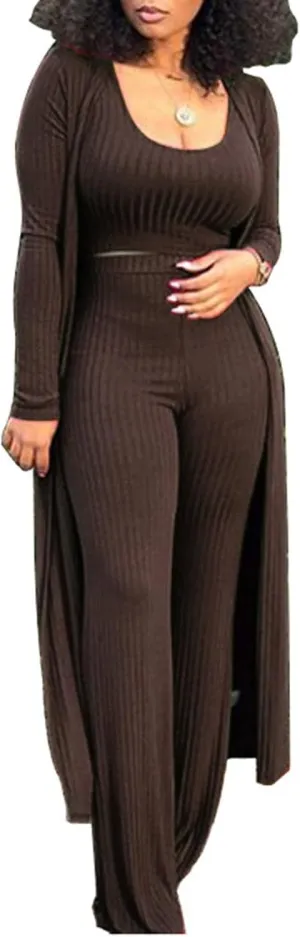 HANMAX Women's Tracksuit Winter Autumn Knitted Long-sleeved Blazer Coat Tank Long Pants Three Piece Sets Outfit