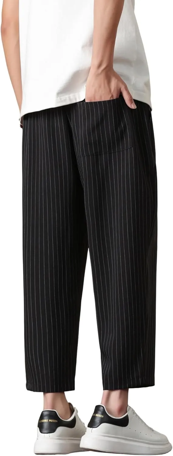 Harem Pants for Men Casual Capri Pant Lightweight Elastic Waist Linen Beach Trouser