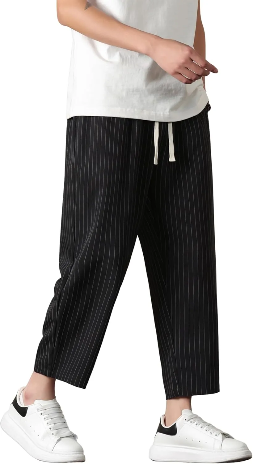 Harem Pants for Men Casual Capri Pant Lightweight Elastic Waist Linen Beach Trouser