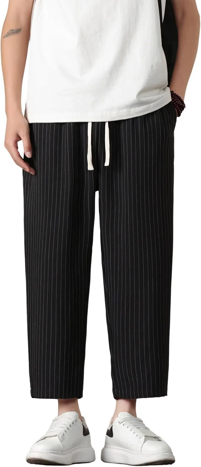 Harem Pants for Men Casual Capri Pant Lightweight Elastic Waist Linen Beach Trouser