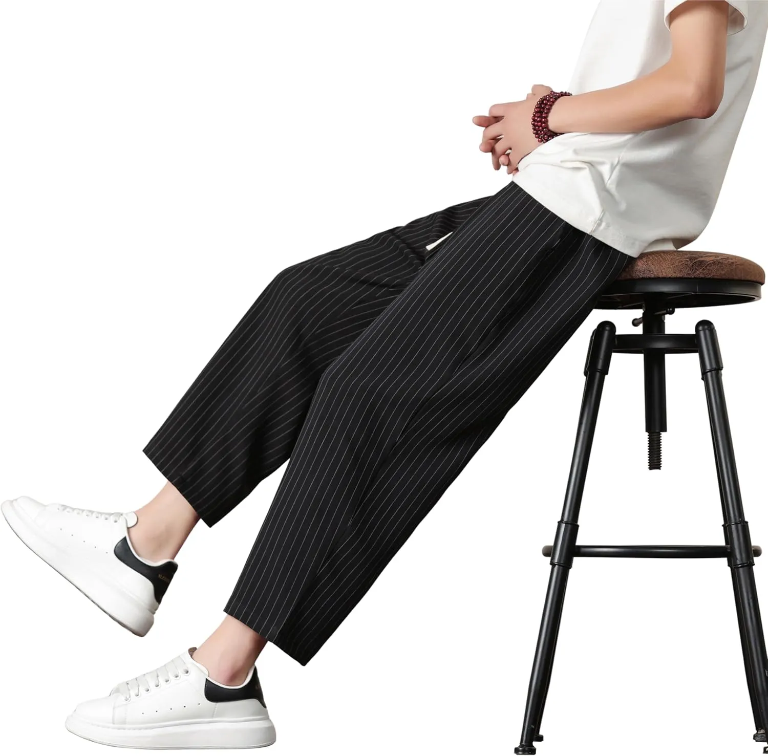 Harem Pants for Men Casual Capri Pant Lightweight Elastic Waist Linen Beach Trouser