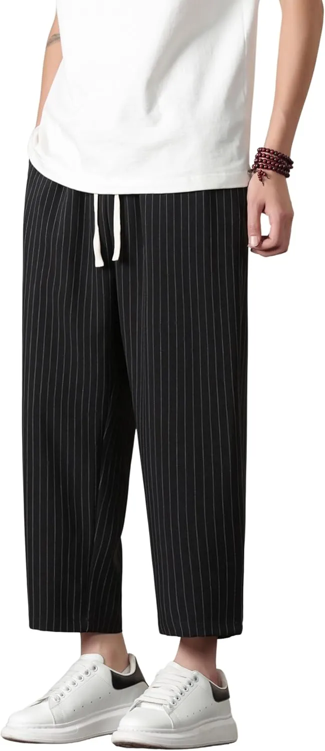 Harem Pants for Men Casual Capri Pant Lightweight Elastic Waist Linen Beach Trouser