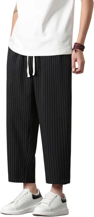 Harem Pants for Men Casual Capri Pant Lightweight Elastic Waist Linen Beach Trouser