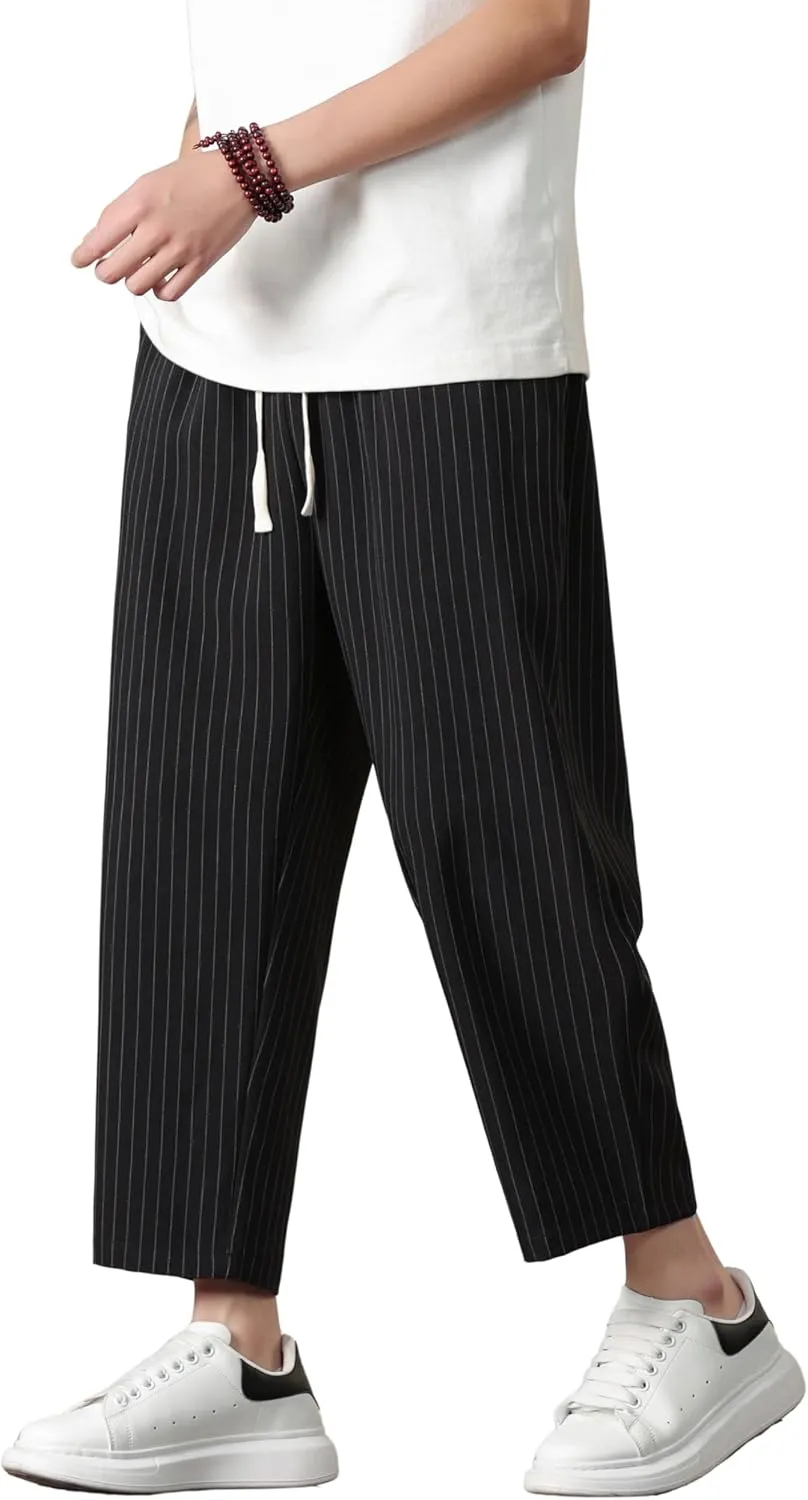 Harem Pants for Men Casual Capri Pant Lightweight Elastic Waist Linen Beach Trouser