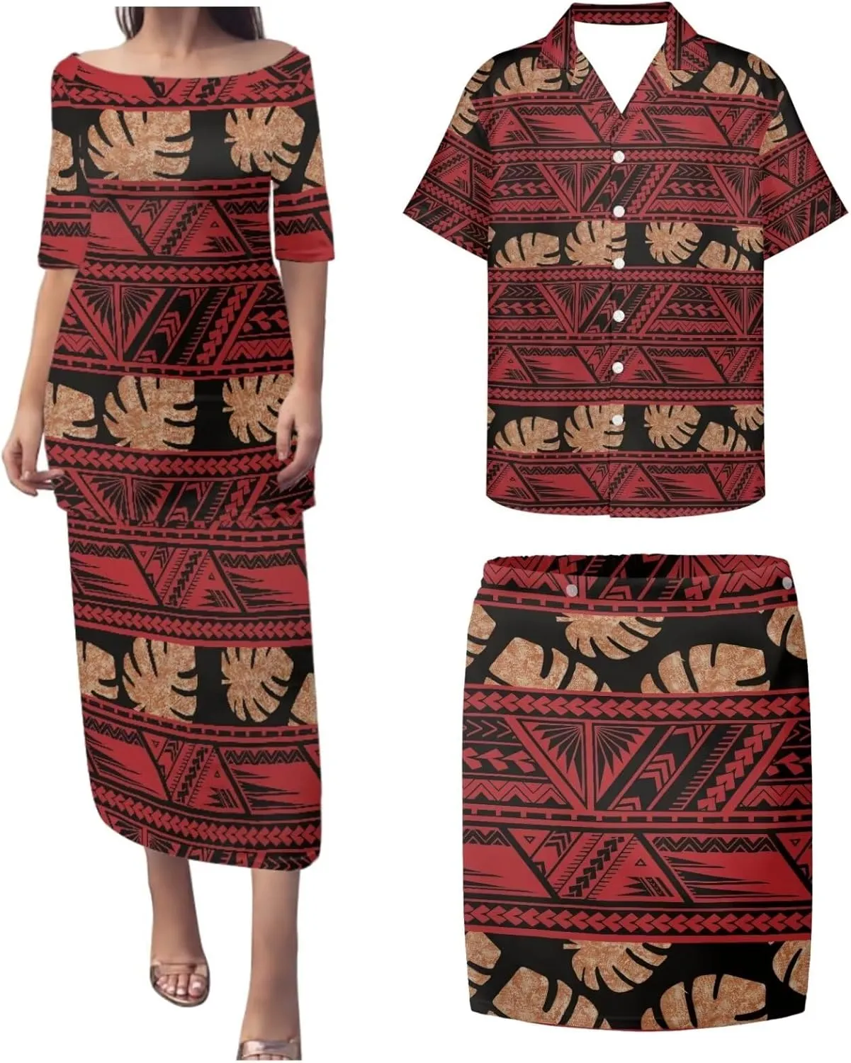 Hawaiian Dresses for Couples Polynesian Puletasi Samoan Traditional Dress with Shirt Pareo Sarong Lavalava Set