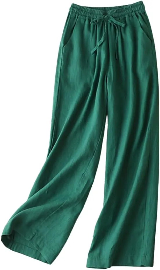 IDEALSANXUN Womens Casual Elastic Waist Cotton Linen Straight Leg Pants Loose Fit Palazzo Pants