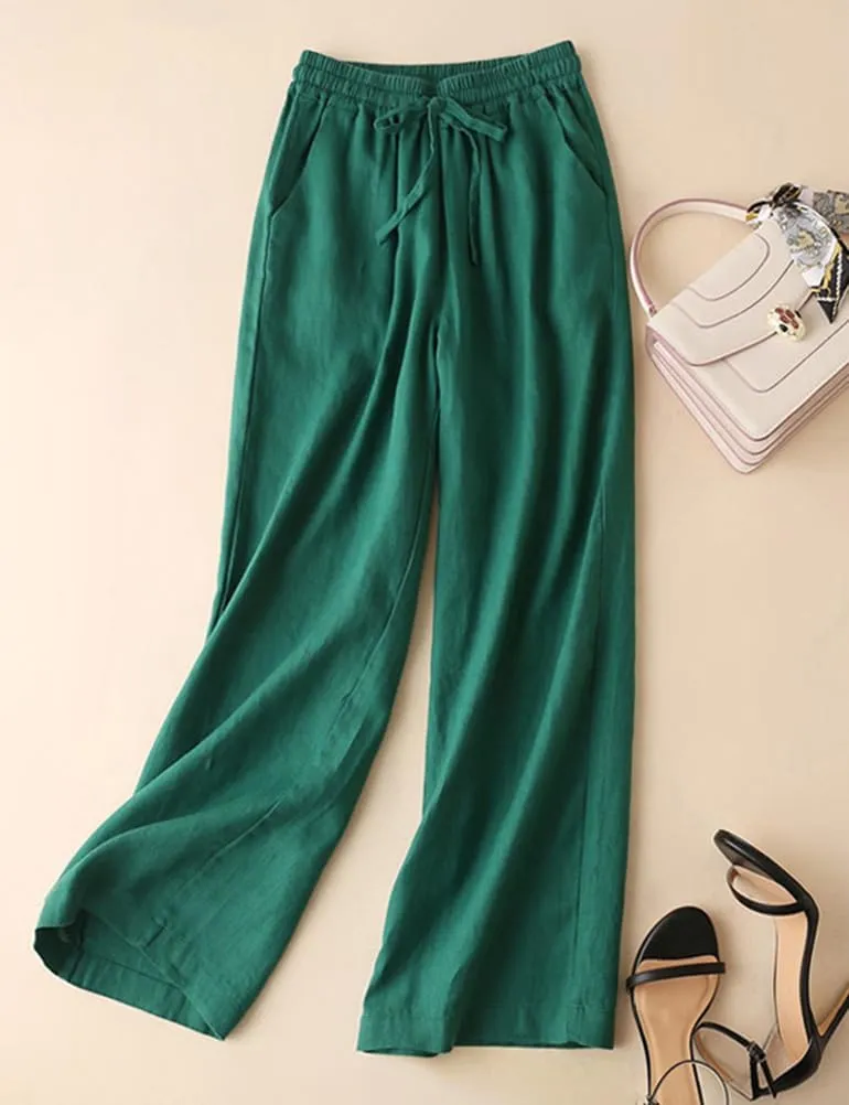 IDEALSANXUN Womens Casual Elastic Waist Cotton Linen Straight Leg Pants Loose Fit Palazzo Pants