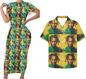 Jamaican 2 Piece Set Couple Outfits Women Jamaica Flag Short Sleeve Skinny Slim Dress Men's Shirt