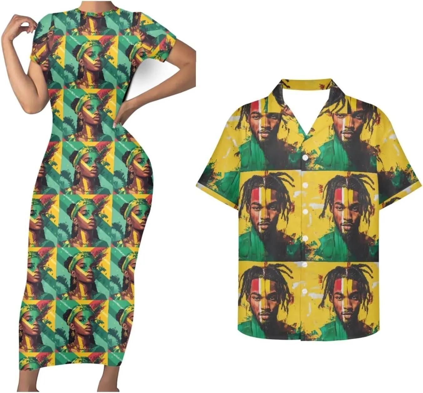 Jamaican 2 Piece Set Couple Outfits Women Jamaica Flag Short Sleeve Skinny Slim Dress Men's Shirt