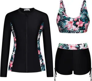 JASAMBAC Women 3 Piece Rash Guard Long Sleeve Zip Up Swimsuits with Boyshort UV UPF 50  Swim Shirt Built in Bra