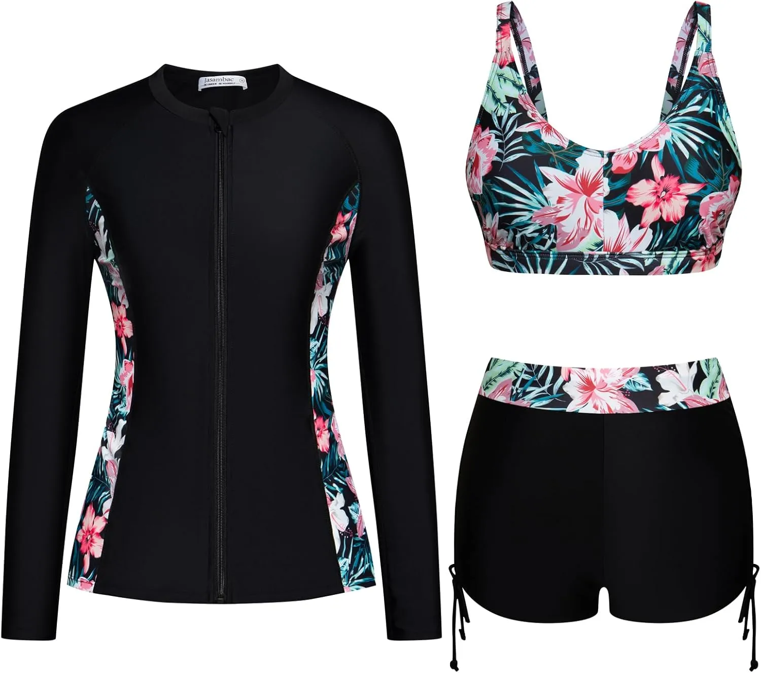 JASAMBAC Women 3 Piece Rash Guard Long Sleeve Zip Up Swimsuits with Boyshort UV UPF 50  Swim Shirt Built in Bra