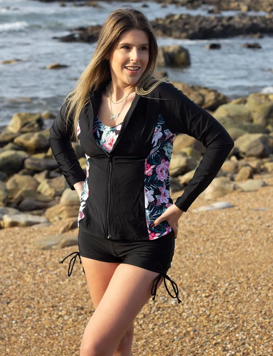 JASAMBAC Women 3 Piece Rash Guard Long Sleeve Zip Up Swimsuits with Boyshort UV UPF 50  Swim Shirt Built in Bra