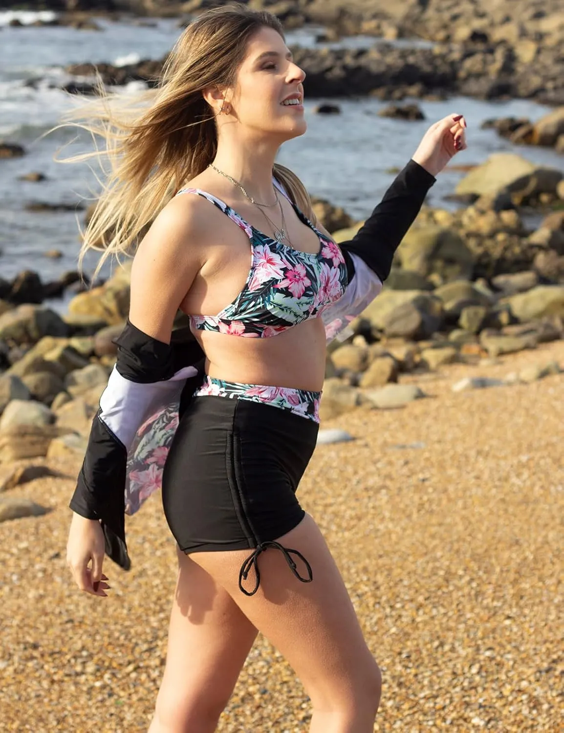 JASAMBAC Women 3 Piece Rash Guard Long Sleeve Zip Up Swimsuits with Boyshort UV UPF 50  Swim Shirt Built in Bra