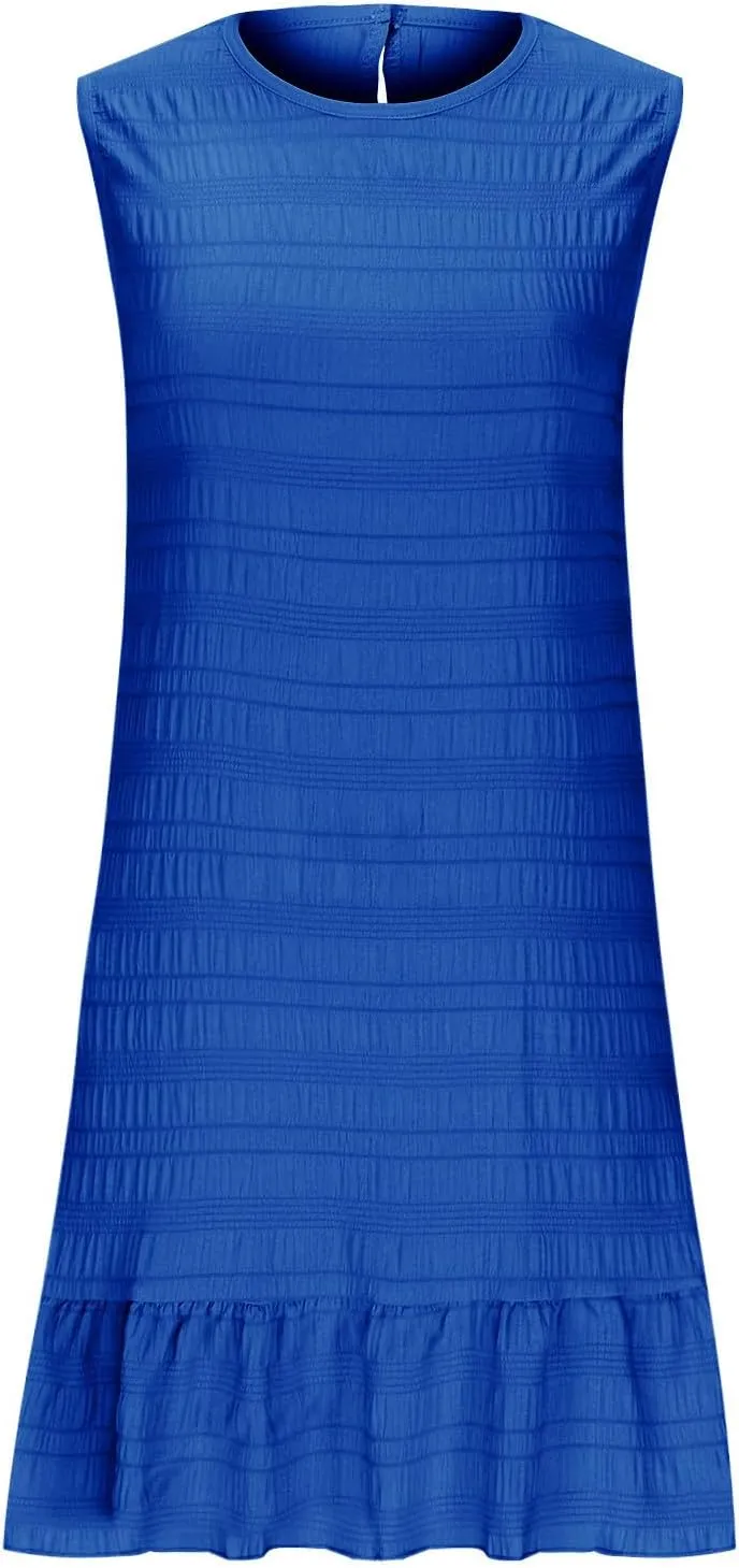 JOAU Summer Dresses for Women 2025 Casual Sleeveless Round Neck Tank Mini Short Dress A-Line Pleated Ruffle Ruched Sundress