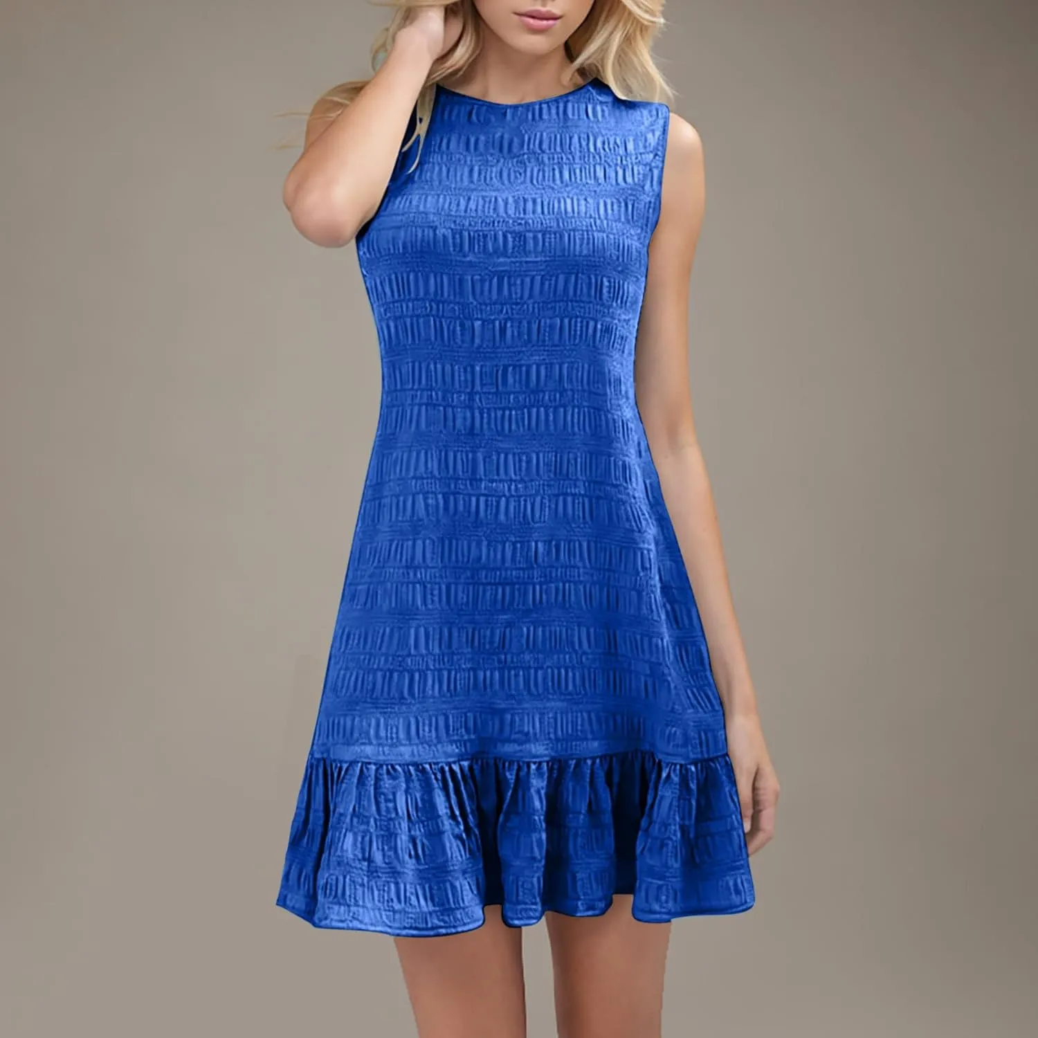 JOAU Summer Dresses for Women 2025 Casual Sleeveless Round Neck Tank Mini Short Dress A-Line Pleated Ruffle Ruched Sundress
