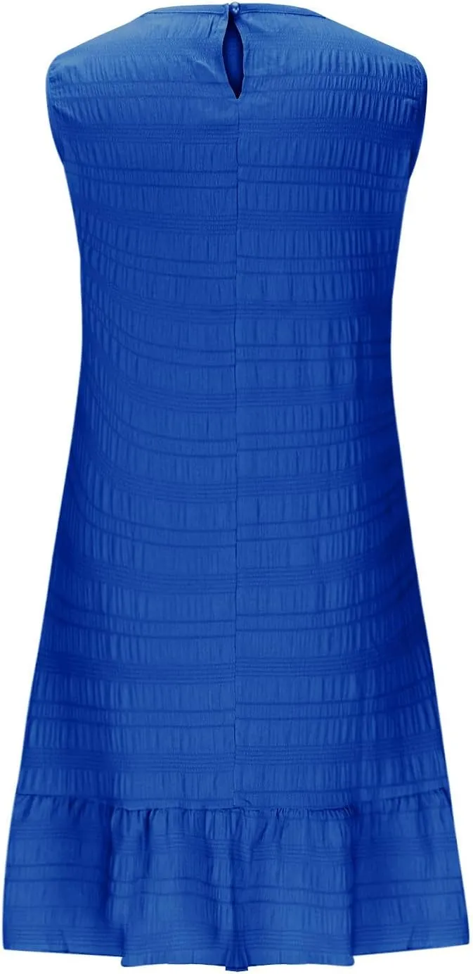 JOAU Summer Dresses for Women 2025 Casual Sleeveless Round Neck Tank Mini Short Dress A-Line Pleated Ruffle Ruched Sundress