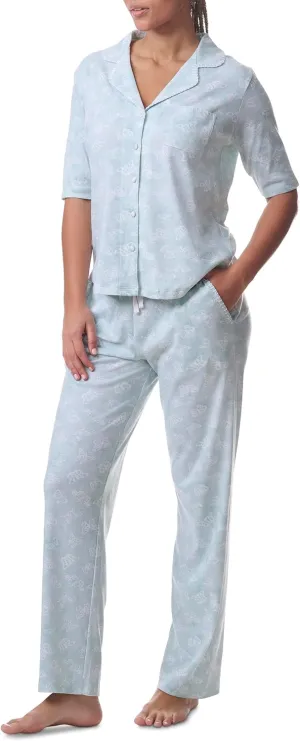 Karen Neuburger Women's Short-Sleeve Notch Collar Top and Pant Pajama Set, Mint Butterfly