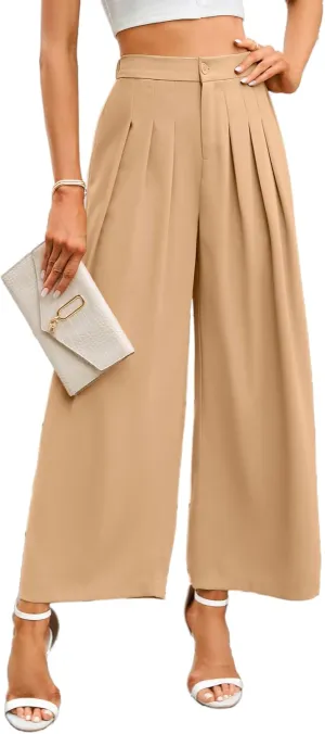 KOJOOIN Wide Leg High Waisted Pants for Women Elastic Waisted Pleated Loose Flowy Trousers Business Casual Palazzo Pants