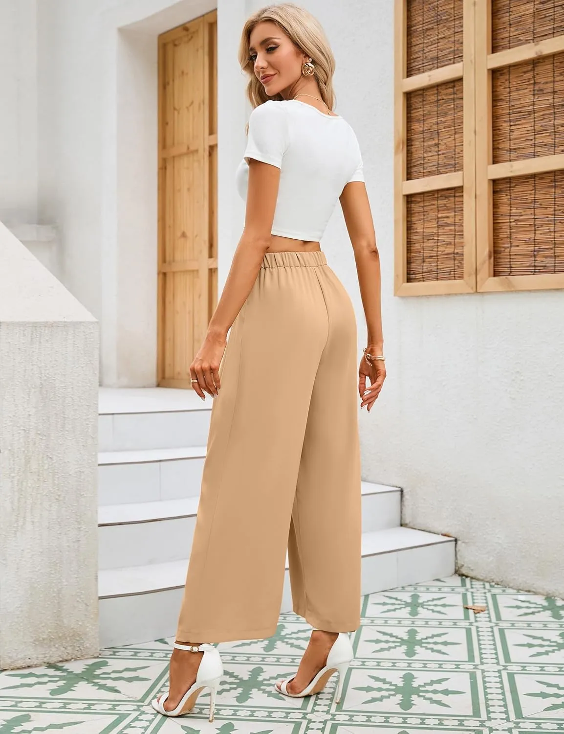KOJOOIN Wide Leg High Waisted Pants for Women Elastic Waisted Pleated Loose Flowy Trousers Business Casual Palazzo Pants
