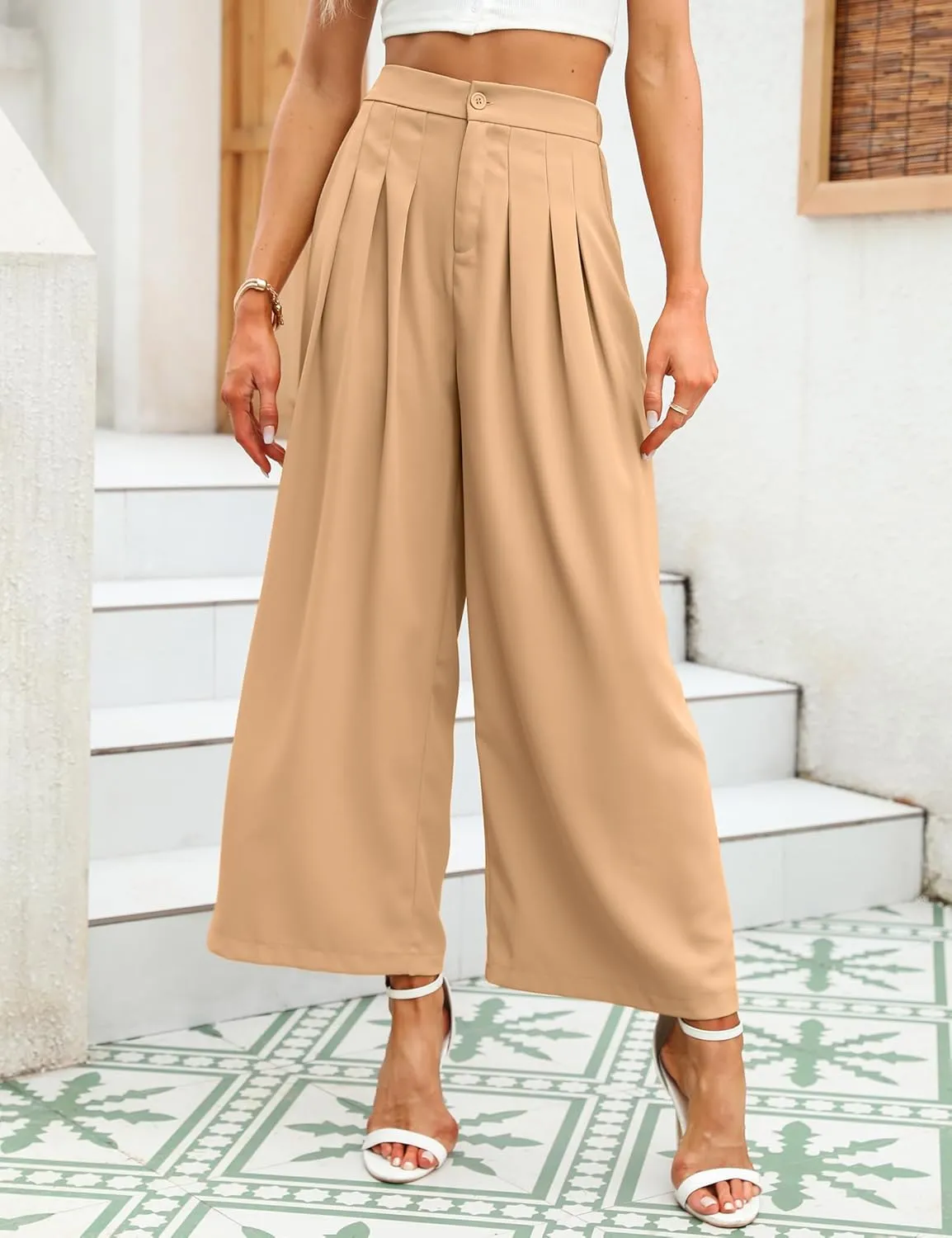 KOJOOIN Wide Leg High Waisted Pants for Women Elastic Waisted Pleated Loose Flowy Trousers Business Casual Palazzo Pants