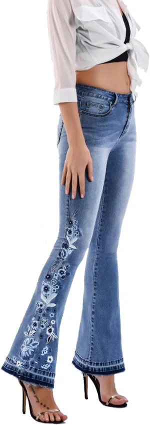 LAFOURAM Bell Bottom Jeans for Women High Waist Flared Wide Leg Floral Embroidered Denim Pants