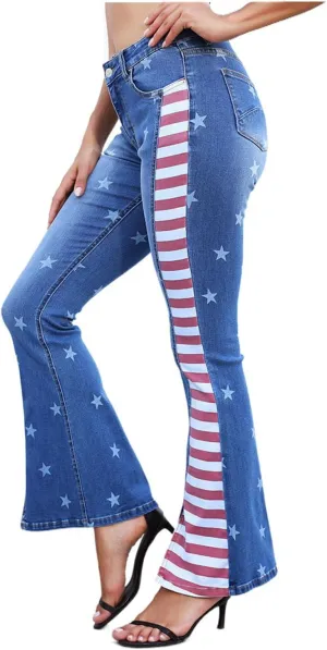 LAFOURAM Bell Bottom Jeans for Women High Waist Flared Wide Leg Floral Embroidered Denim Pants