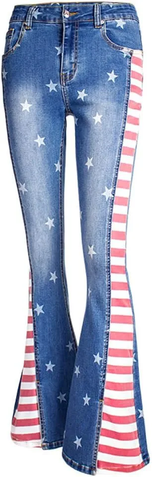 LAFOURAM Bell Bottom Jeans for Women High Waist Flared Wide Leg Floral Embroidered Denim Pants