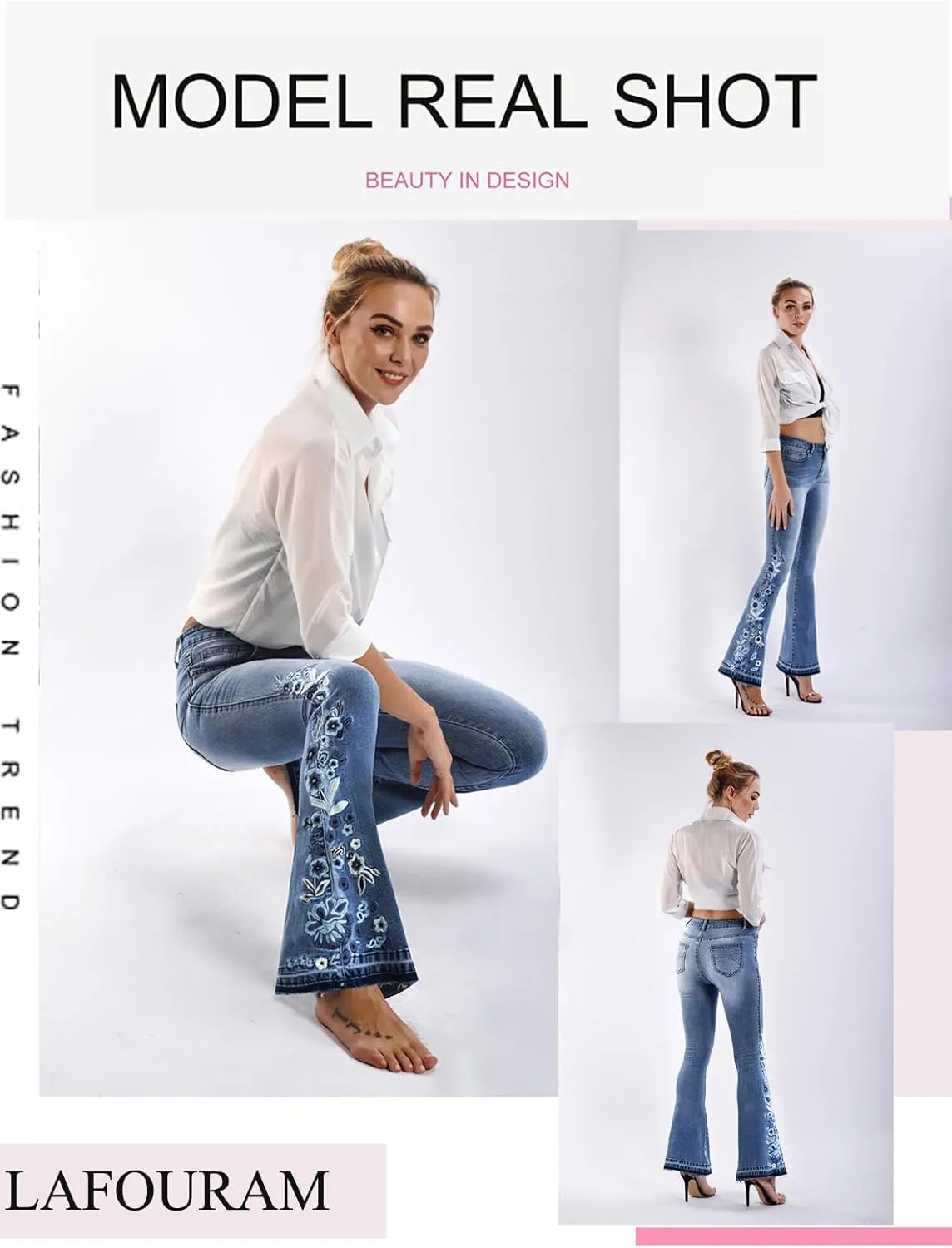 LAFOURAM Bell Bottom Jeans for Women High Waist Flared Wide Leg Floral Embroidered Denim Pants