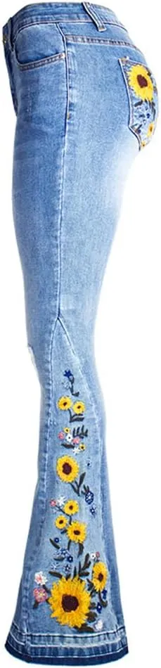 LAFOURAM Bell Bottom Jeans for Women High Waist Flared Wide Leg Floral Embroidered Denim Pants
