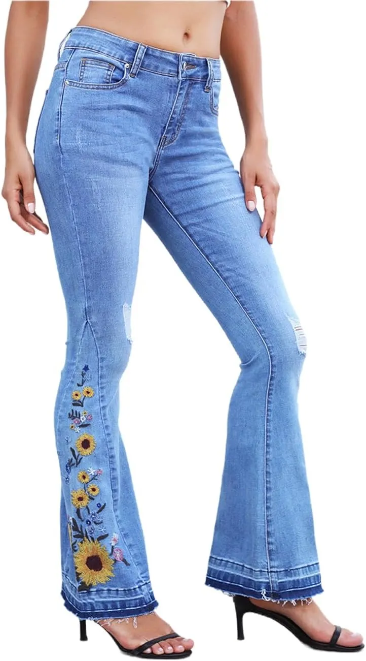 LAFOURAM Bell Bottom Jeans for Women High Waist Flared Wide Leg Floral Embroidered Denim Pants