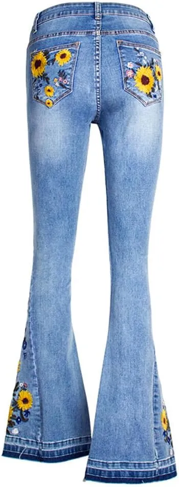 LAFOURAM Bell Bottom Jeans for Women High Waist Flared Wide Leg Floral Embroidered Denim Pants