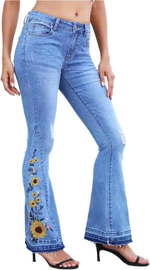 LAFOURAM Bell Bottom Jeans for Women High Waist Flared Wide Leg Floral Embroidered Denim Pants