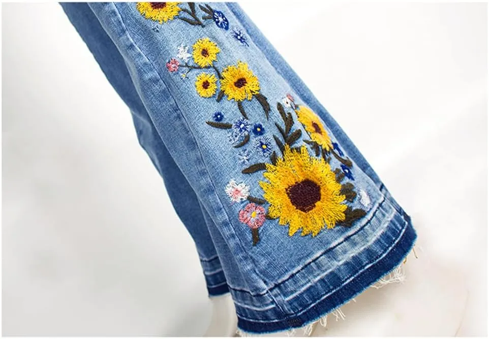 LAFOURAM Bell Bottom Jeans for Women High Waist Flared Wide Leg Floral Embroidered Denim Pants