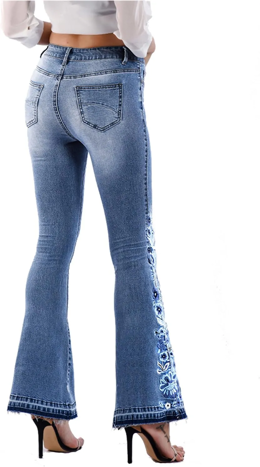 LAFOURAM Bell Bottom Jeans for Women High Waist Flared Wide Leg Floral Embroidered Denim Pants