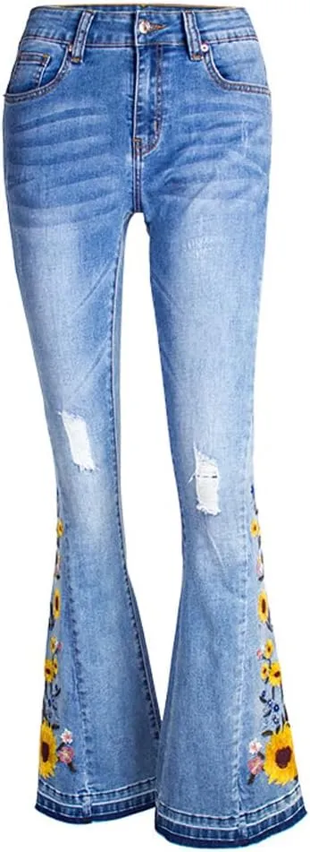 LAFOURAM Bell Bottom Jeans for Women High Waist Flared Wide Leg Floral Embroidered Denim Pants