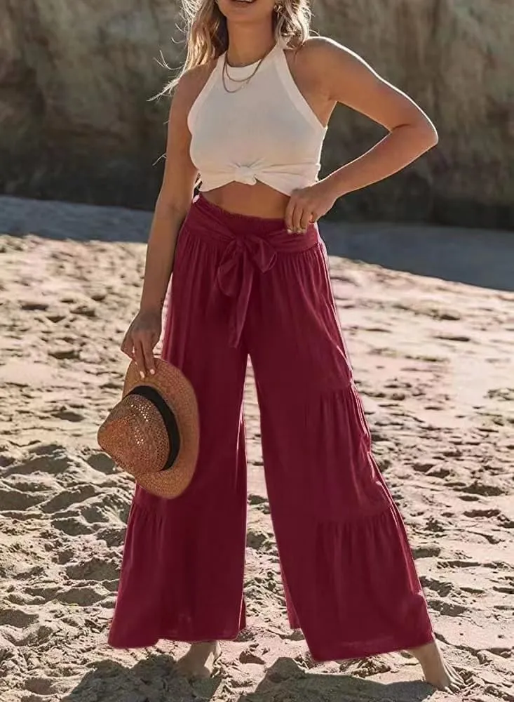 Lafural Women Summer High Waisted Cotton Linen Flare Palazzo Pants Beach Pant Long Bell Bottom Lounge Trousers