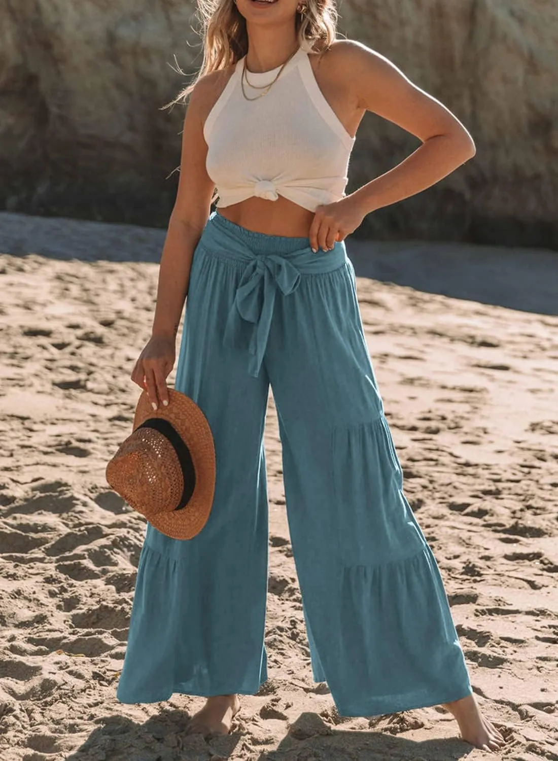 Lafural Women Summer High Waisted Cotton Linen Flare Palazzo Pants Beach Pant Long Bell Bottom Lounge Trousers