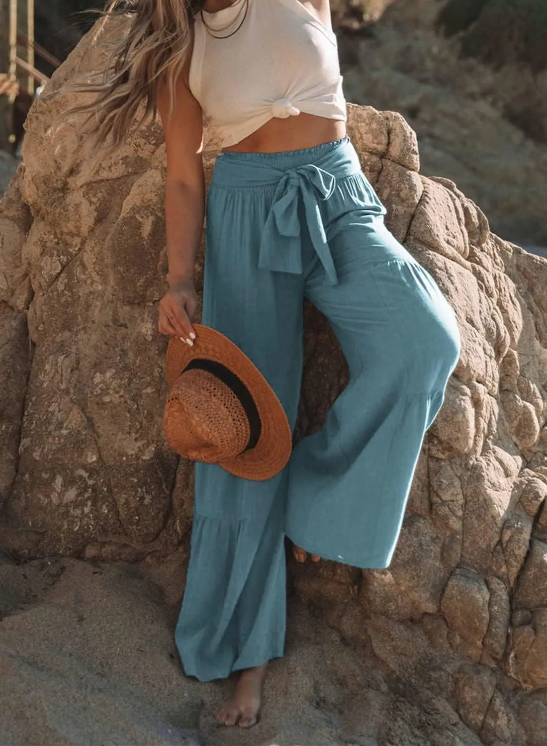 Lafural Women Summer High Waisted Cotton Linen Flare Palazzo Pants Beach Pant Long Bell Bottom Lounge Trousers