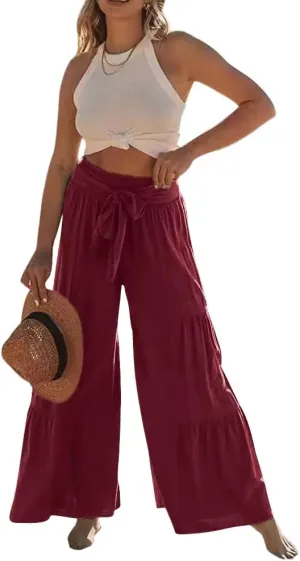 Lafural Women Summer High Waisted Cotton Linen Flare Palazzo Pants Beach Pant Long Bell Bottom Lounge Trousers