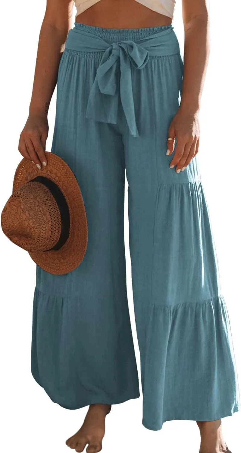 Lafural Women Summer High Waisted Cotton Linen Flare Palazzo Pants Beach Pant Long Bell Bottom Lounge Trousers