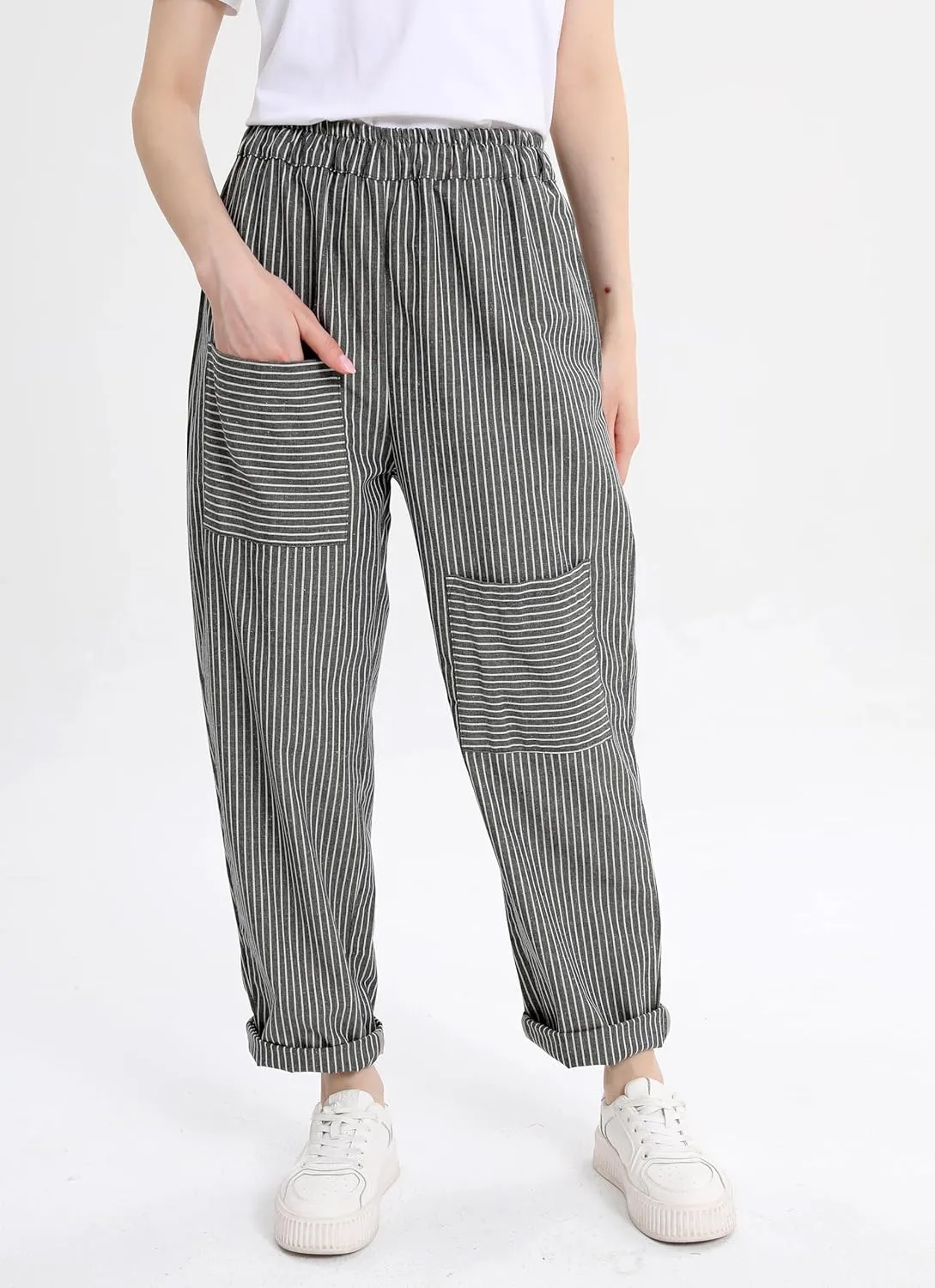 Laovanln Women's Linen Pants Summer Casual Loose Harem Pant Elastic Waist Wide Leg Baggy Trousers with Pockets