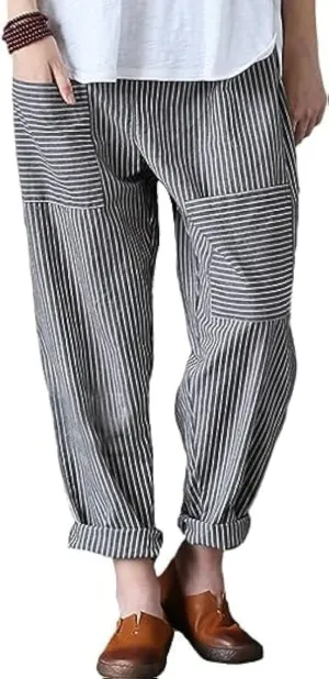 Laovanln Women's Linen Pants Summer Casual Loose Harem Pant Elastic Waist Wide Leg Baggy Trousers with Pockets
