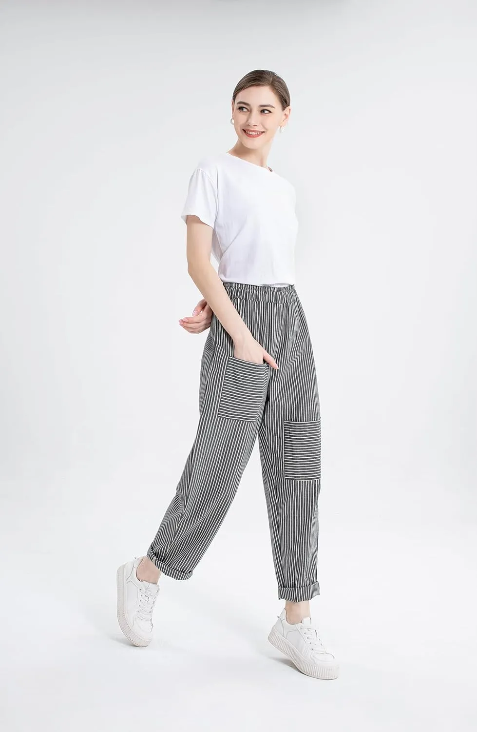 Laovanln Women's Linen Pants Summer Casual Loose Harem Pant Elastic Waist Wide Leg Baggy Trousers with Pockets
