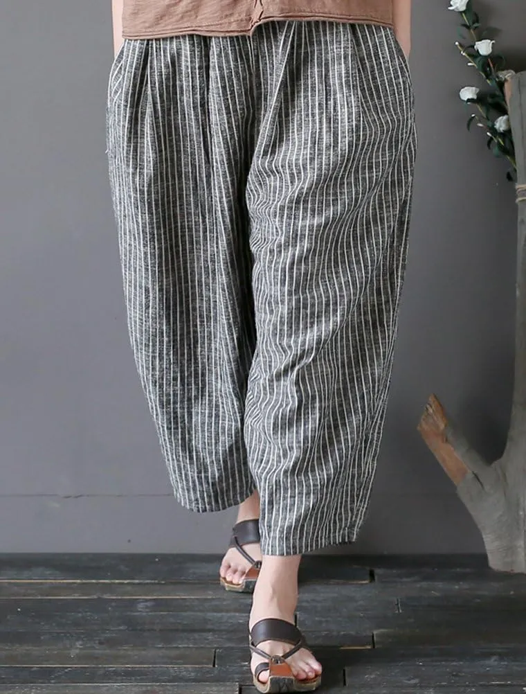 Laovanln Women's Linen Pants Summer Casual Loose Harem Pant Elastic Waist Wide Leg Baggy Trousers with Pockets