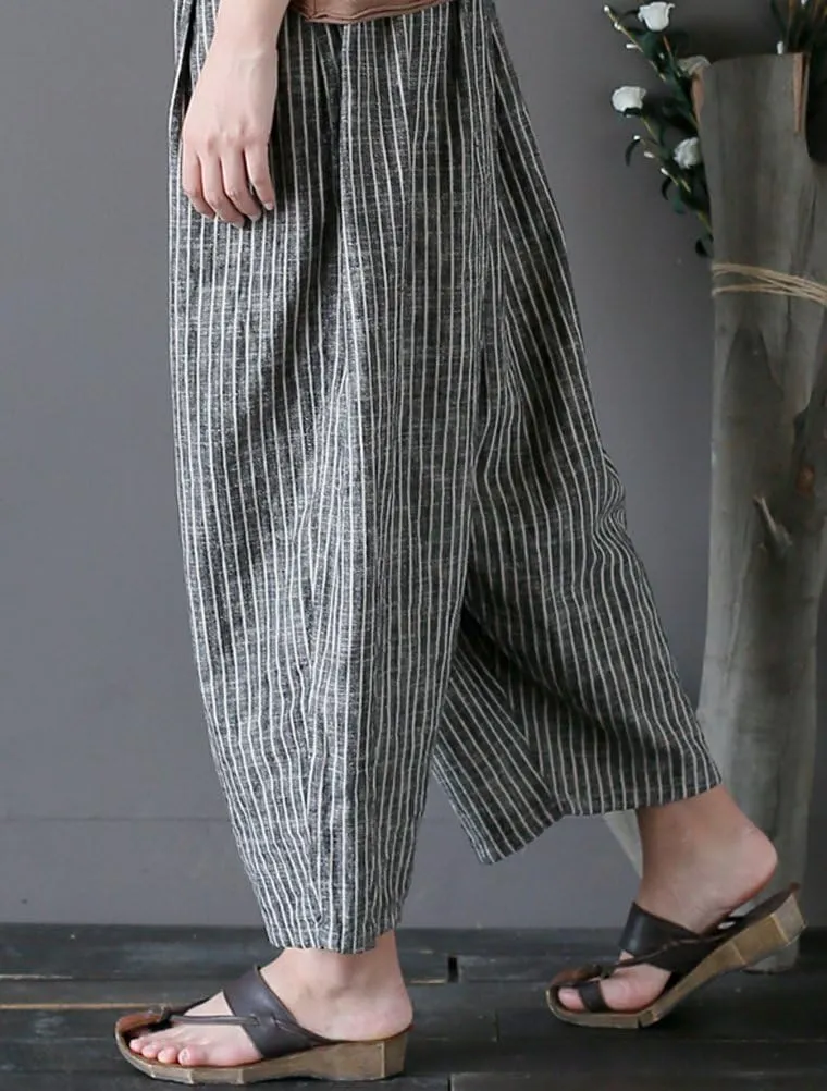 Laovanln Women's Linen Pants Summer Casual Loose Harem Pant Elastic Waist Wide Leg Baggy Trousers with Pockets